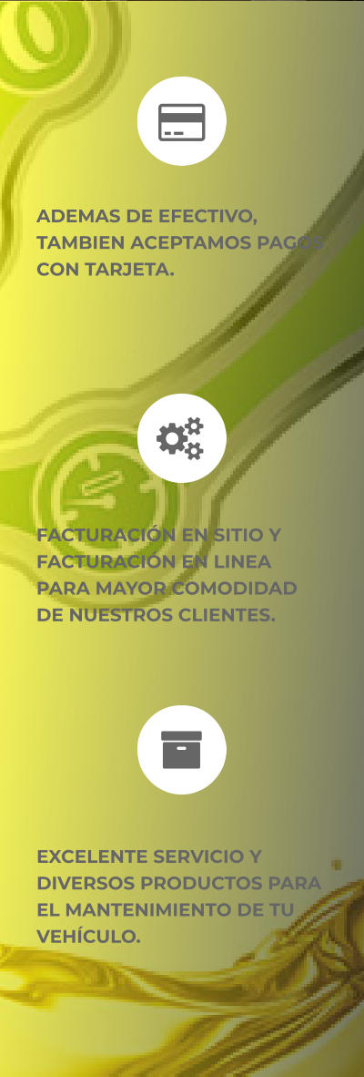 ADEMAS DE EFECTIVO, TAMBIEN ACEPTAMOS PAGOS CON TARJETA. FACTURACIÓN EN SITIO Y FACTURACIÓN EN LINEA PARA MAYOR COMODIDAD DE NUESTROS CLIENTES. EXCELENTE SERVICIO Y DIVERSOS PRODUCTOS PARA EL MANTENIMIENTO DE TU VEHÍCULO.   